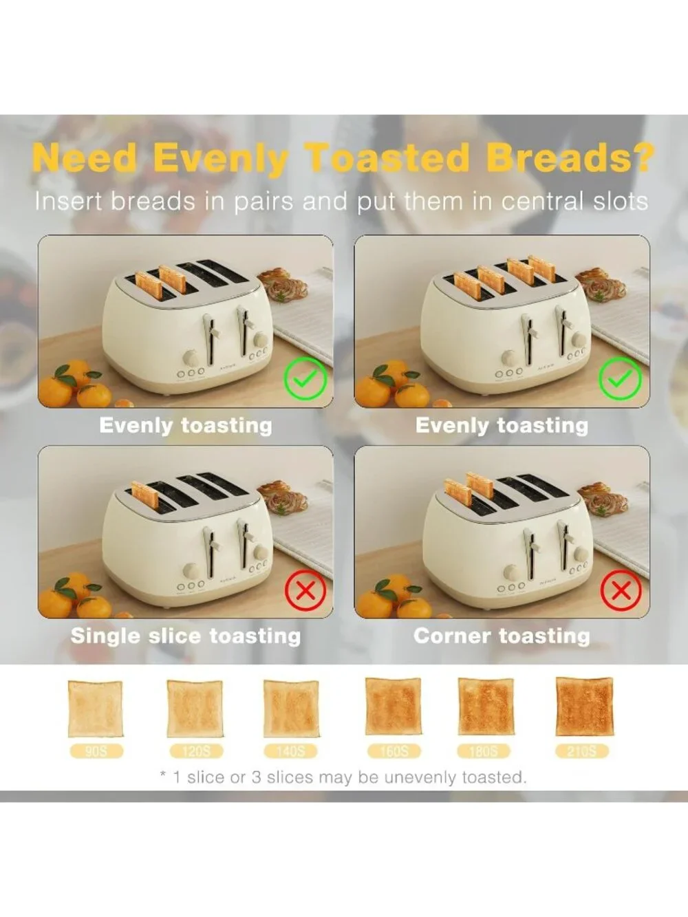 4 Slice Beige Defrost Retro Stainless Steel Extra Wide Slots Cancel Toaster